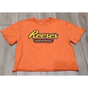 REESE'S Peanut Butter Cup Orange Graphic Crop Top Unhem‎ Tshirt Women M